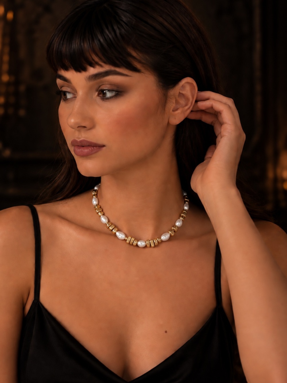 Gold and White Pearl Bead Necklace